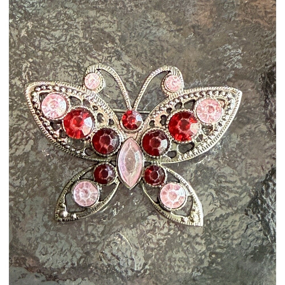 Butterfly Brooch Pin Vintage Ruby Red ,Pink Stones Set In Silver Metal Filigree